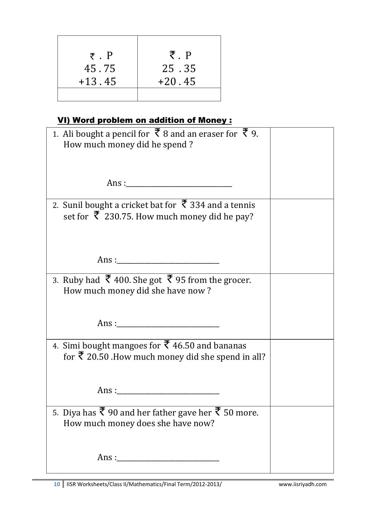 Worksheets for Class 2 Maths Assignment 124 Money - Page 4