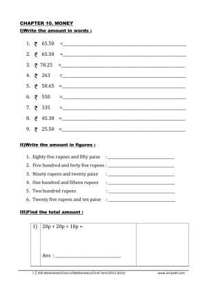 Worksheets for Class 2 Maths Assignment 124 Money