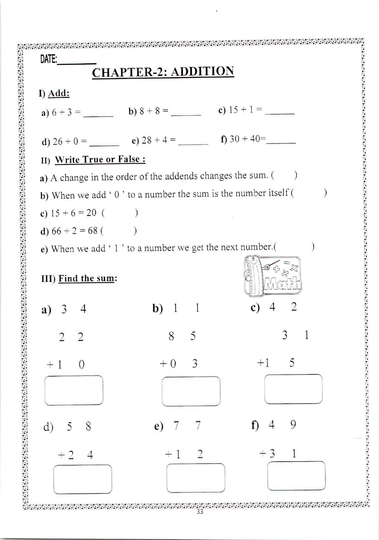 Worksheets for Class 2 Maths Assignment 147 Addition - Page 1