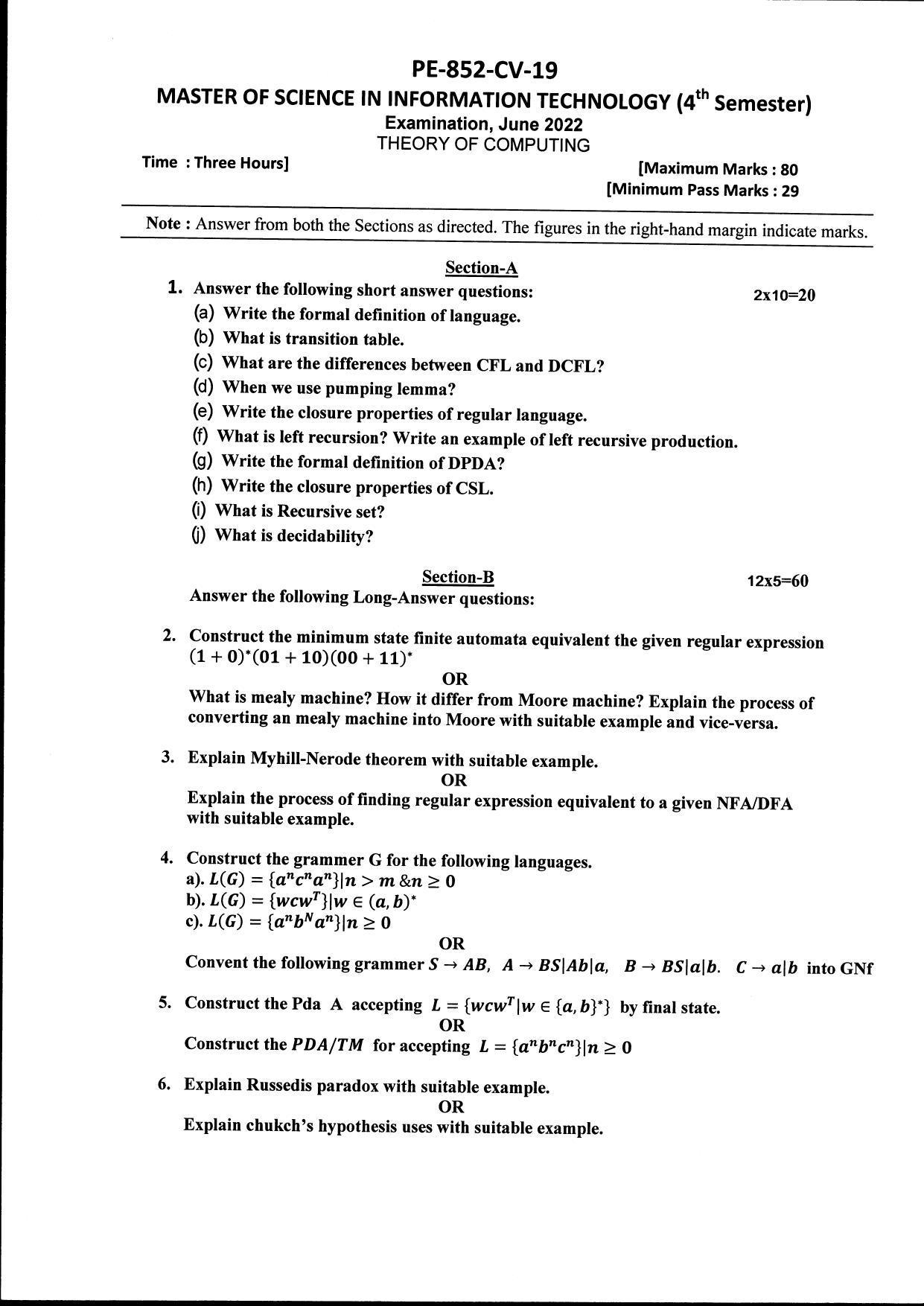 Bilaspur University Question Paper June 2022:Master Of Science In Information Technology(Fourth Semester) Theory Of Computations Paper 1 - Page 1