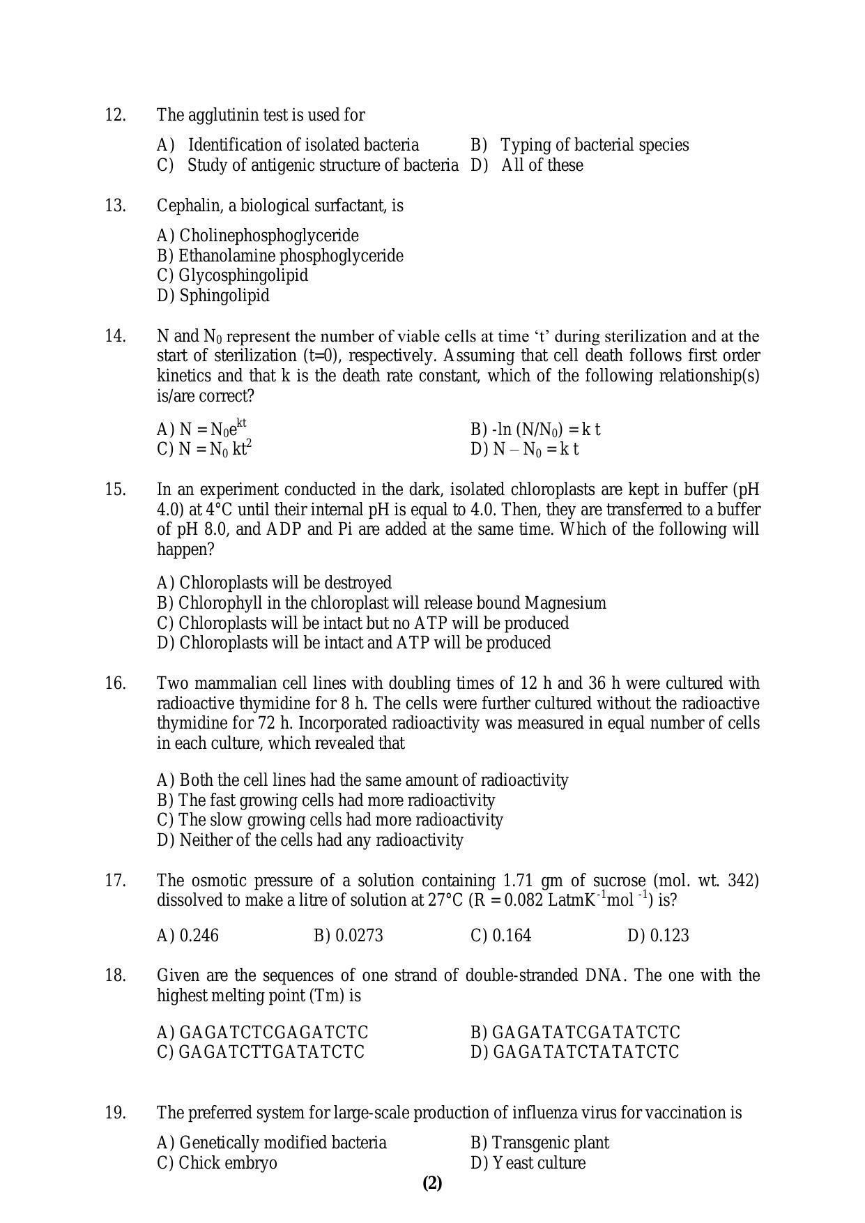 PU MPET Biotechnology Engineering 2016 Question Paper - Page 2