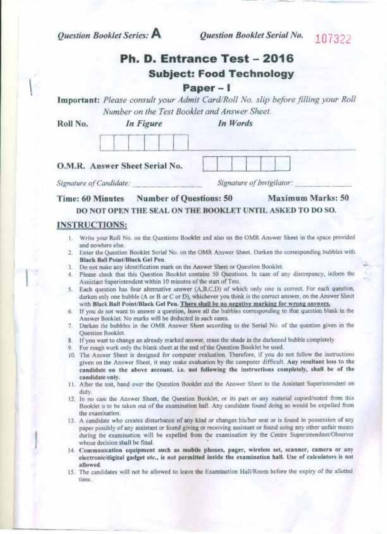 PU MPET Biotechnology Engineering 2016 Question Paper - Page 64