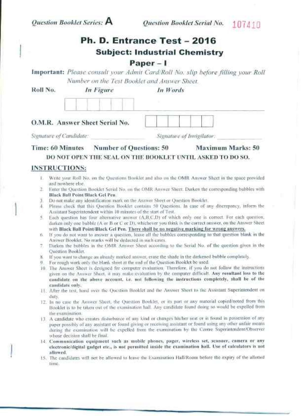 PU MPET Biotechnology Engineering 2016 Question Paper - Page 70
