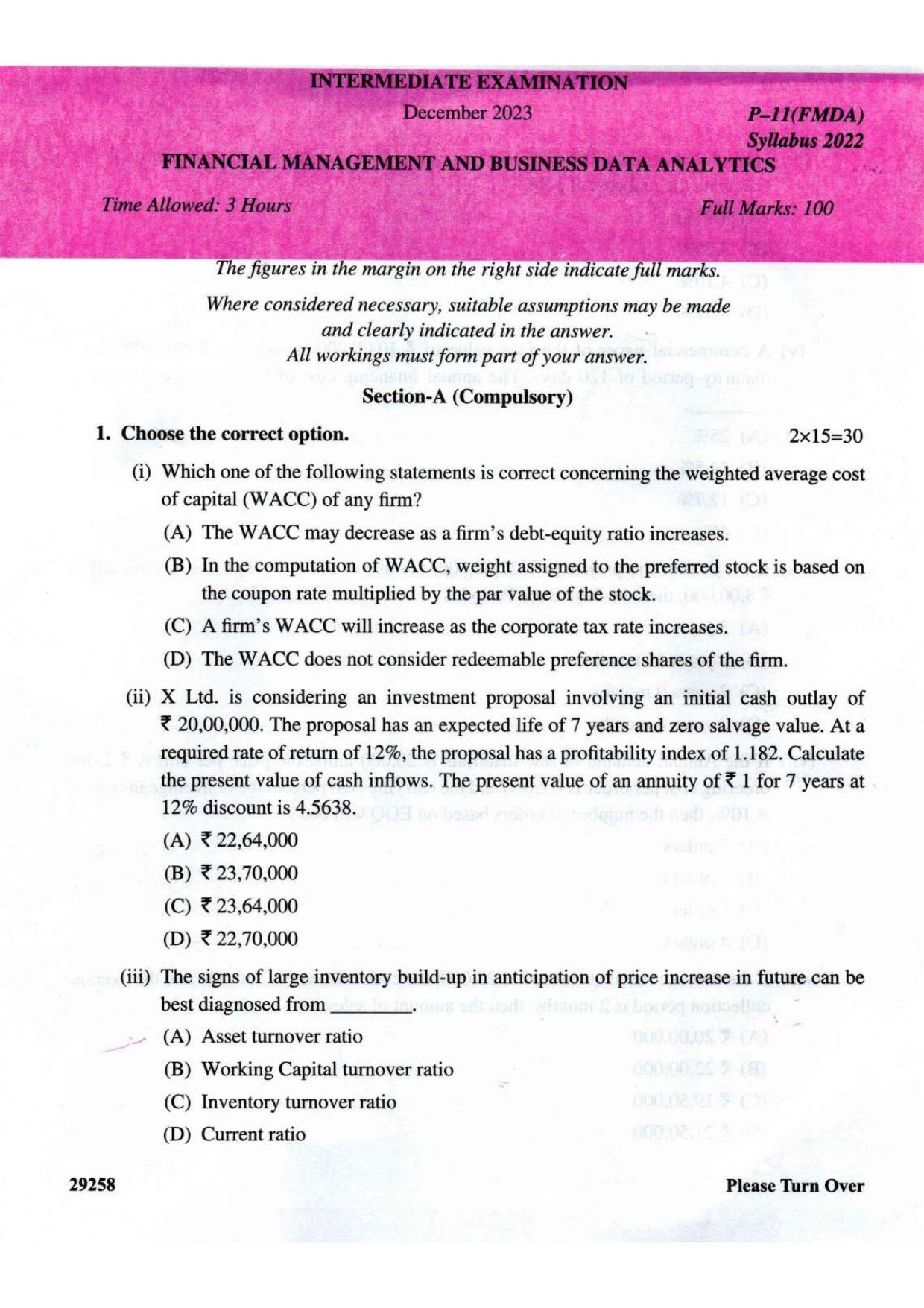 ICMAI Intermediate December 2023 Question Paper - Financial Management And Business Data Analytics - Page 1