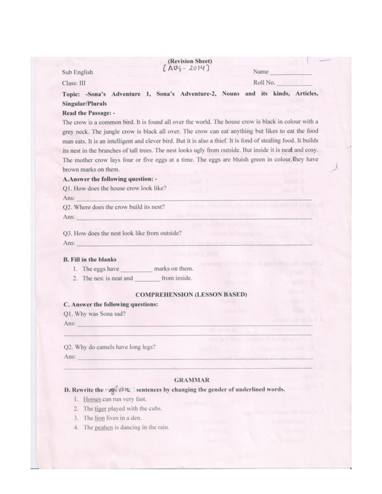 Worksheet for Class 3 English Assignment 20 - Page 1