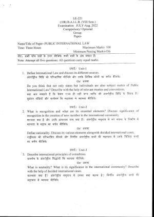 Bilaspur University Question Paper July 2022:B.A. L.L.B.(VIII Sem.)Public International Law Paper 1