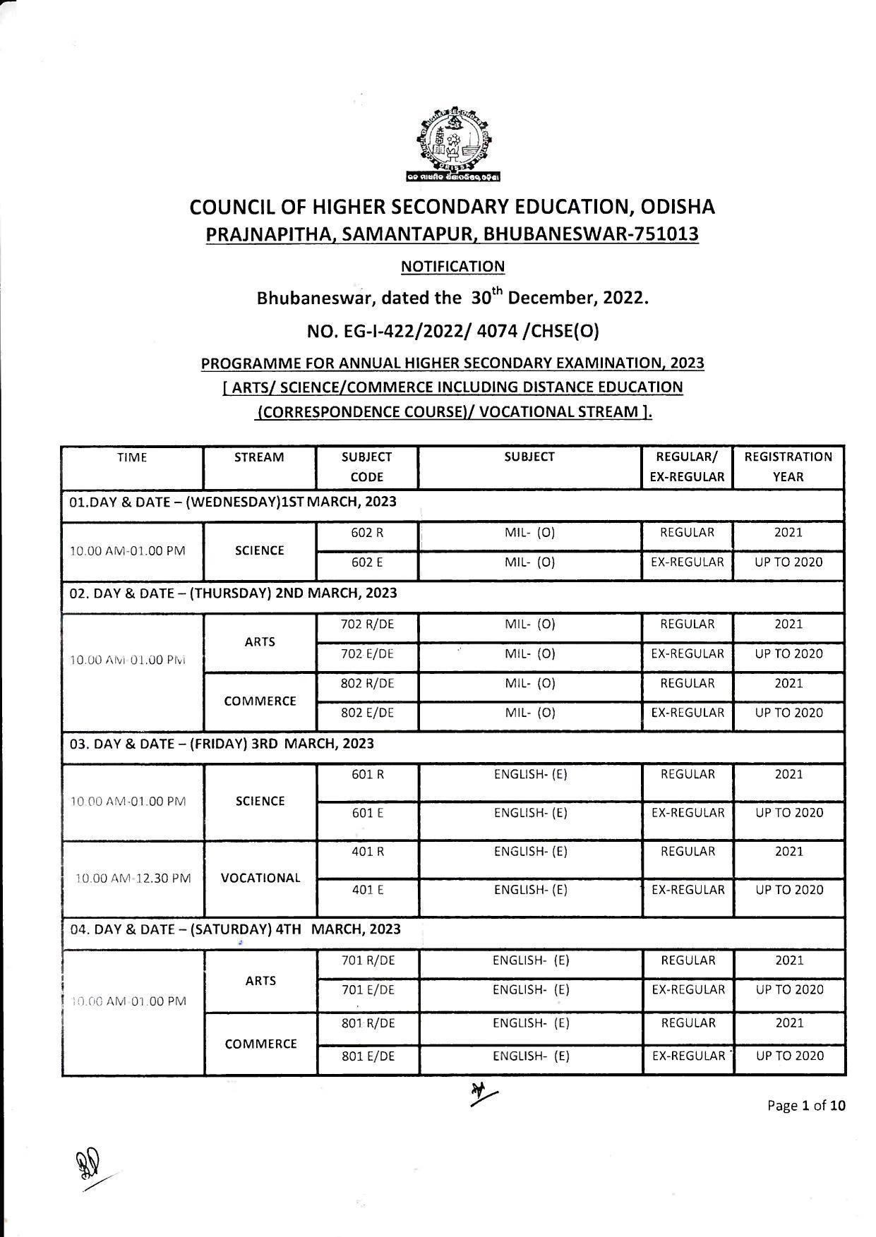 CHSE Odisha 12th Time Table 2023 - Page 1