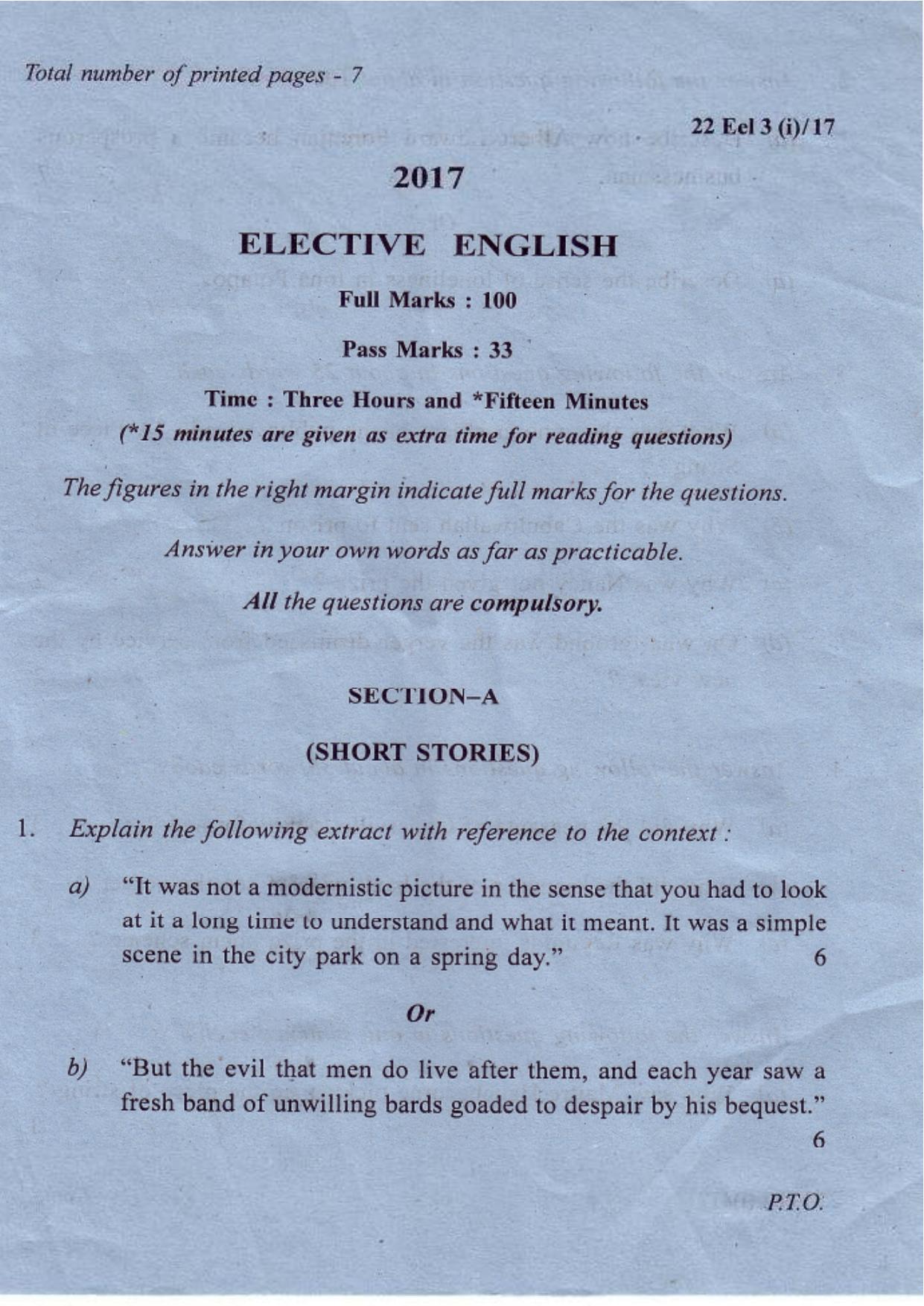 COHSEM Class 12 Elective English 2017 Question Papers - Page 1