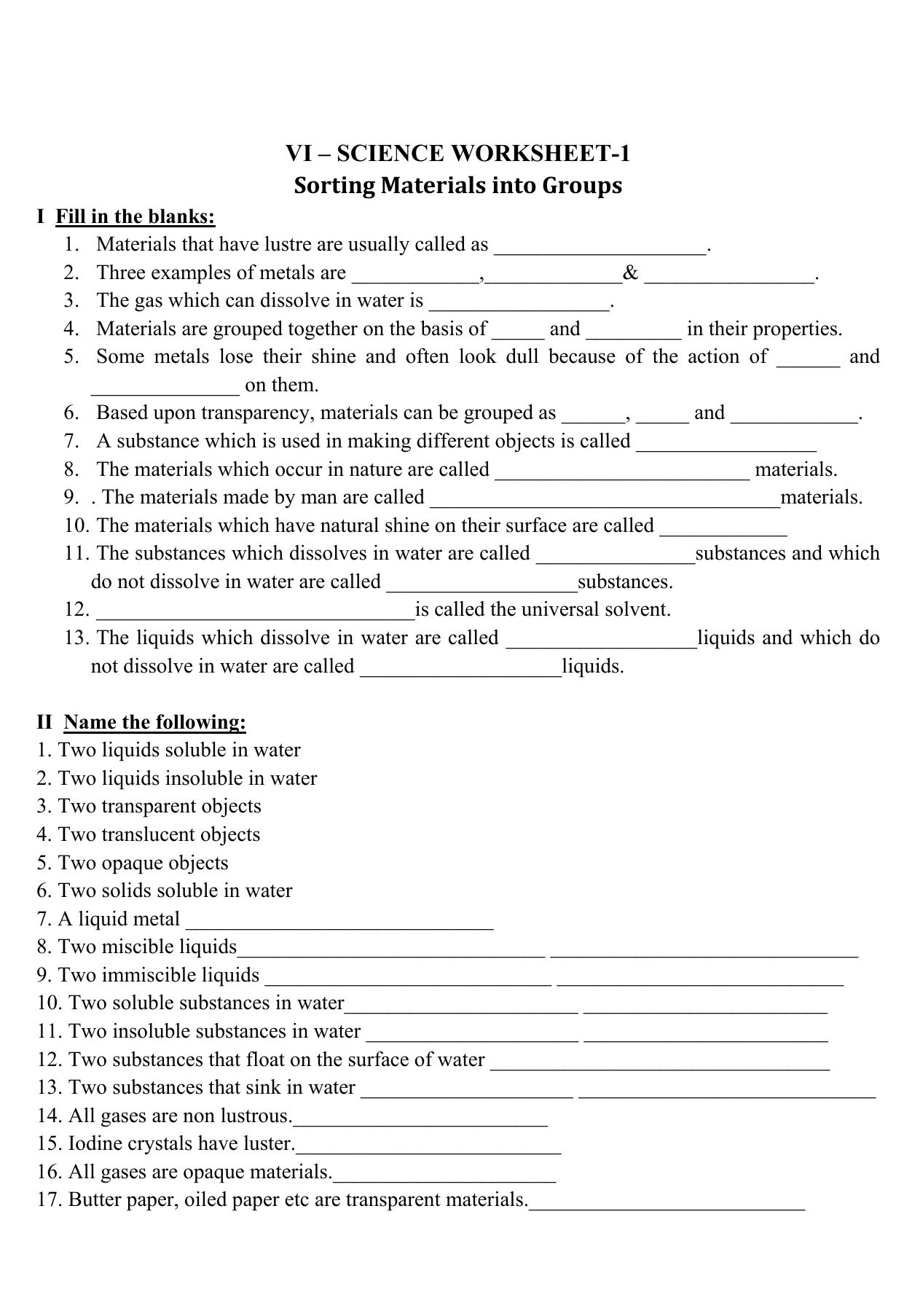 CBSE Worksheets for Class 6 Science Sorting Materials into Groups Assignment 71 - Page 1