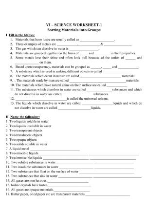 CBSE Worksheets for Class 6 Science Sorting Materials into Groups Assignment 71
