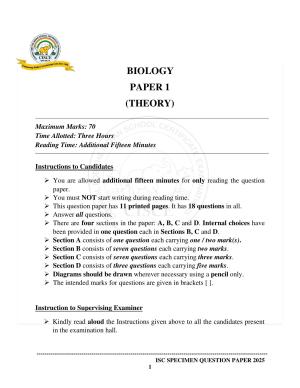 ISC Class 12 2025 Biology (SQP & AK) Specimen Paper