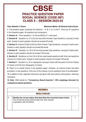 CBSE Class 10 Social Science Set 2 Practice Questions 2023-24