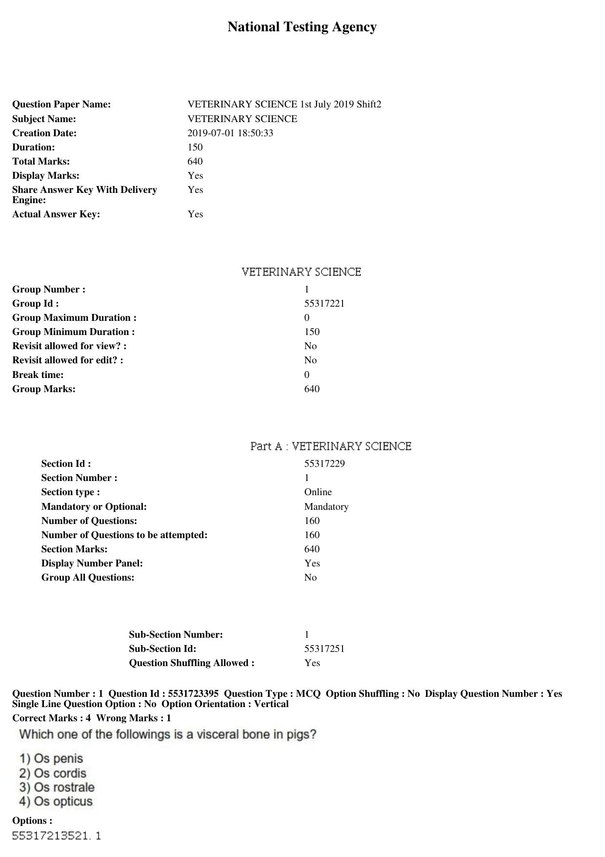 ICAR AIEEA PG 2019 VETERINARY SCIENCE Question Paper - Page 1