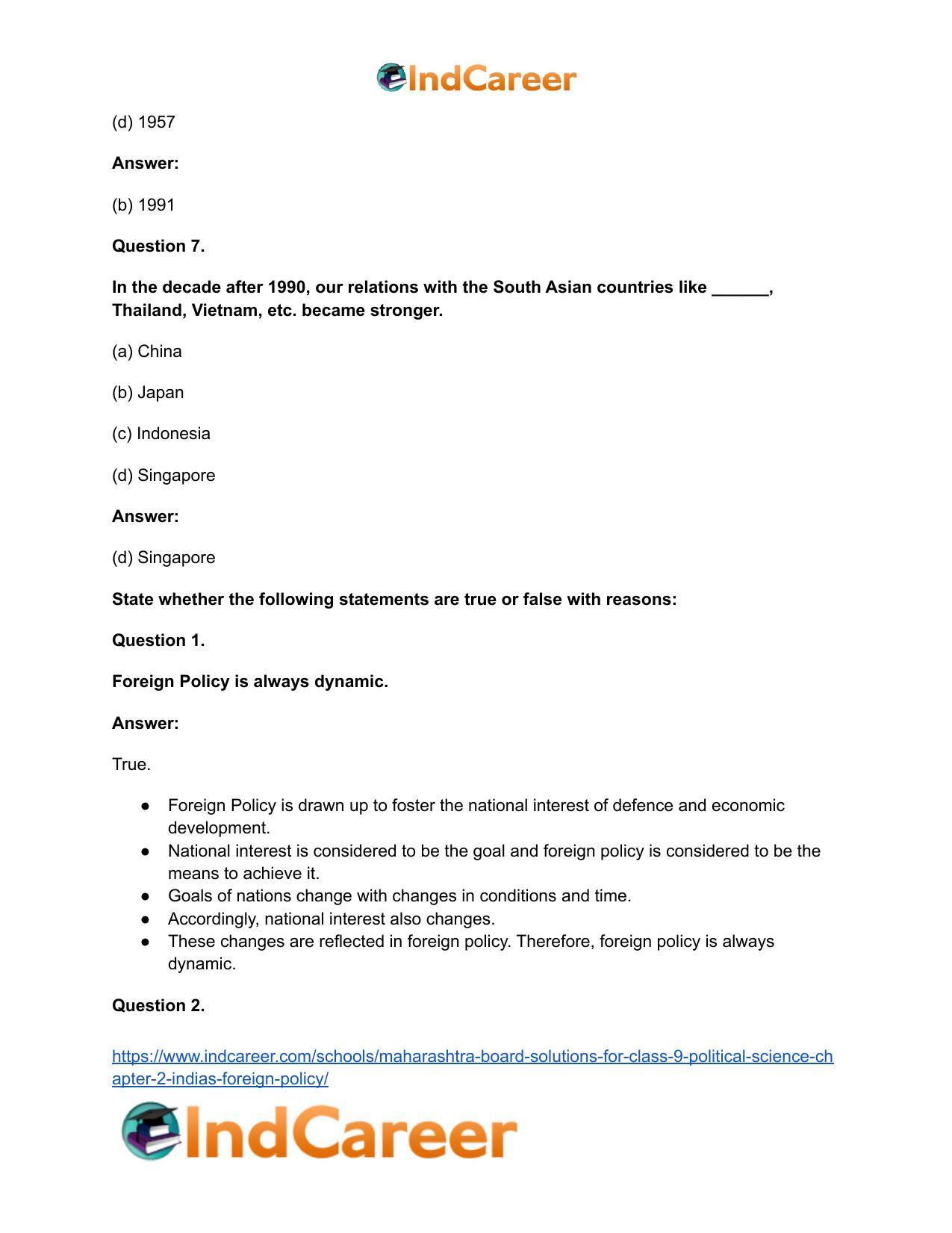 Maharashtra Board Solutions for Class 9- Political Science: Chapter 2- India’s Foreign Policy - Page 11