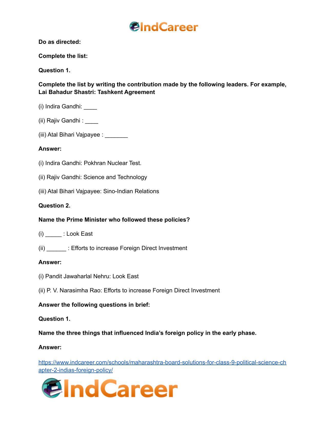 Maharashtra Board Solutions for Class 9- Political Science: Chapter 2- India’s Foreign Policy - Page 14