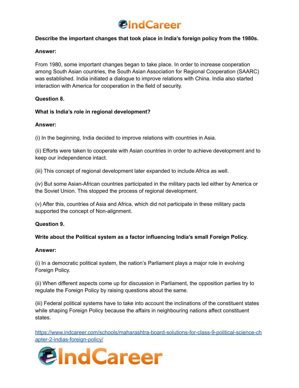 Maharashtra Board Solutions for Class 9- Political Science: Chapter 2- India’s Foreign Policy - Page 17