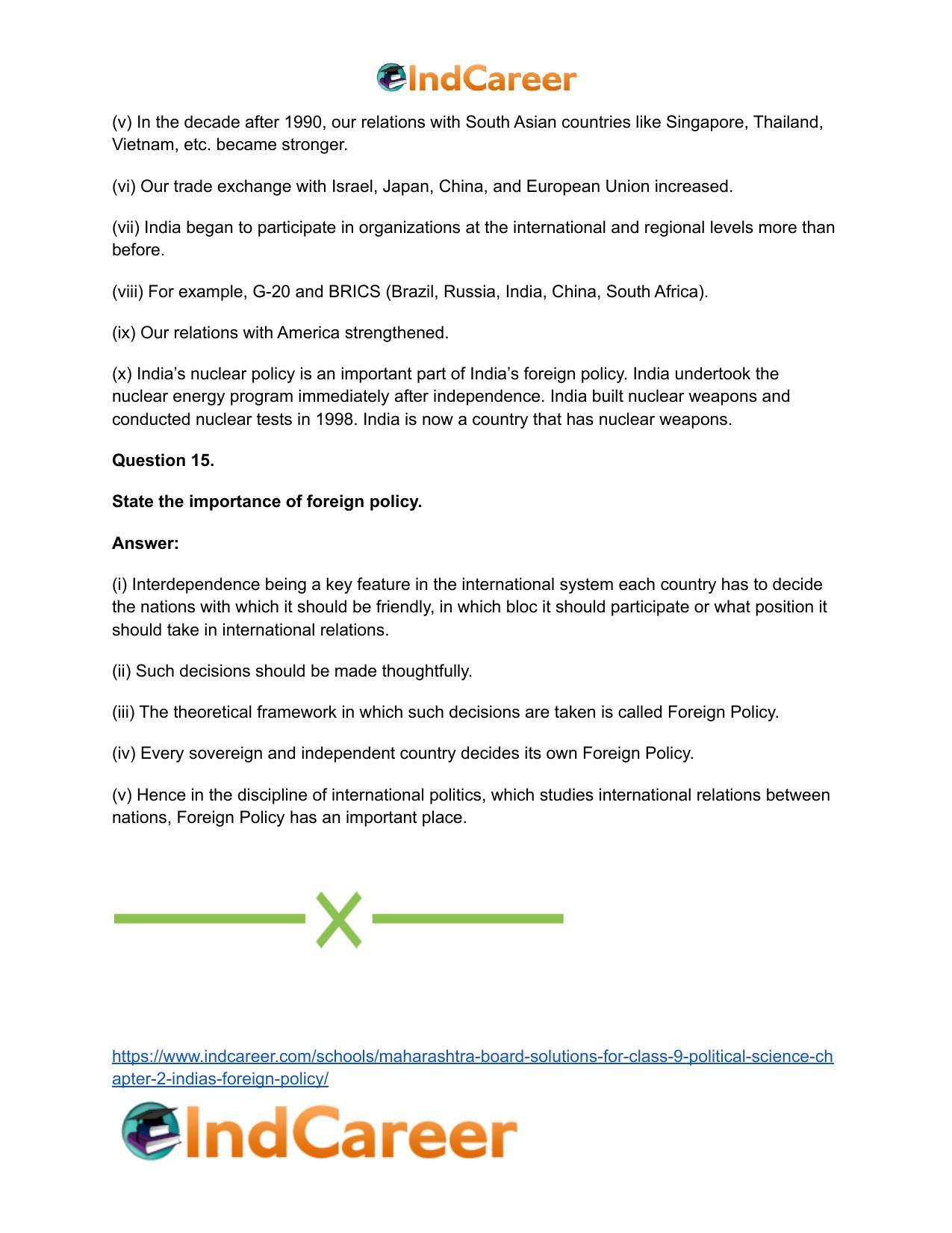 Maharashtra Board Solutions for Class 9- Political Science: Chapter 2- India’s Foreign Policy - Page 20