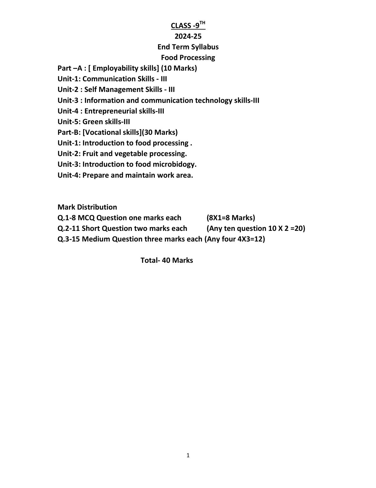 HPBOSE Class 9th Food Processing Sample Question Papers 2025 - Page 1