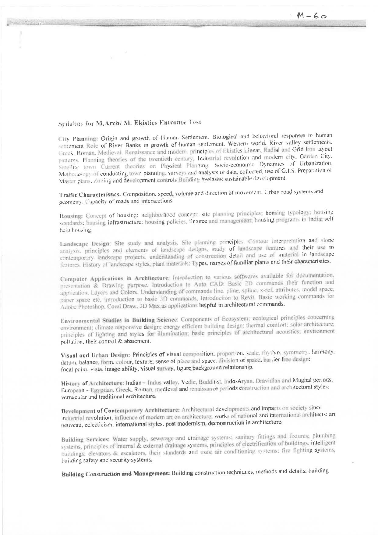 JMI Entrance Exam M60-M.Arch (Healthcare Architecture / Building Services / Recreational Architecture / Urban Regeneration / M.Ekistics / Architecture Pedagogy) Syllabus - Page 1