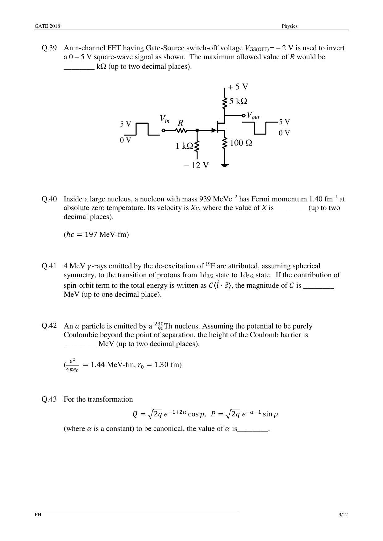 GATE 2018 Physics (PH) Question Paper with Answer Key - Page 11