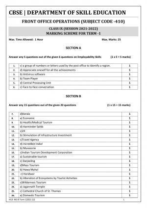 CBSE Class 10 Skill Education (Term I) - Front Office Operations Marking Scheme 2021-22