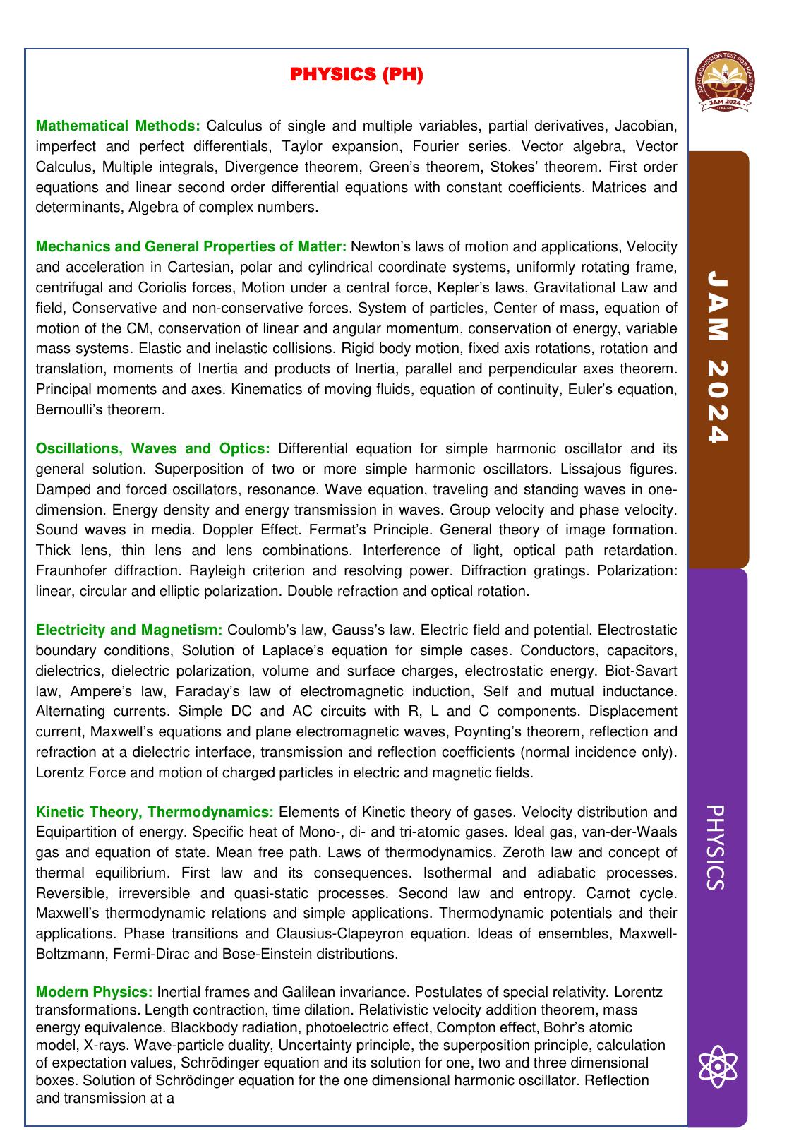 IIT JAM Physics (PH) Syllabus - Page 1