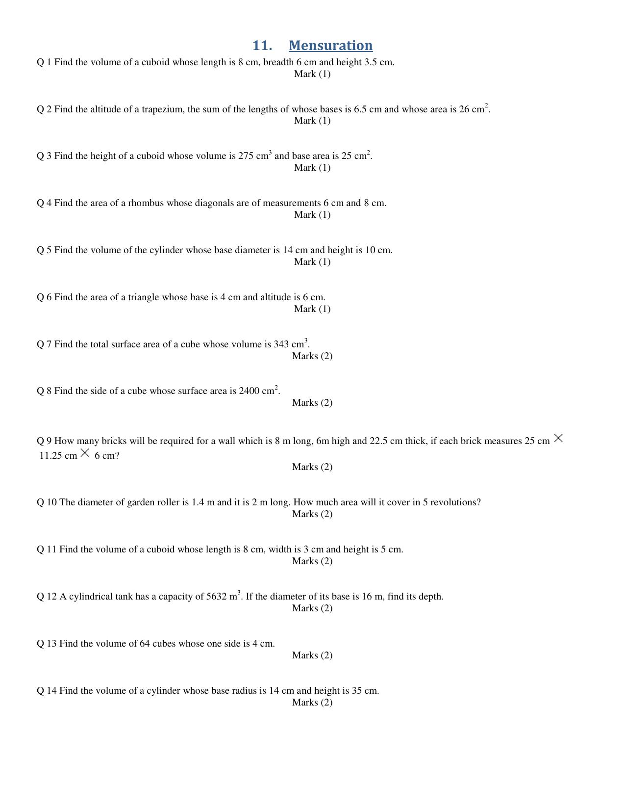 CBSE Worksheets for Class 8 Mathematics Mensuration Assignment 1 - Page 1