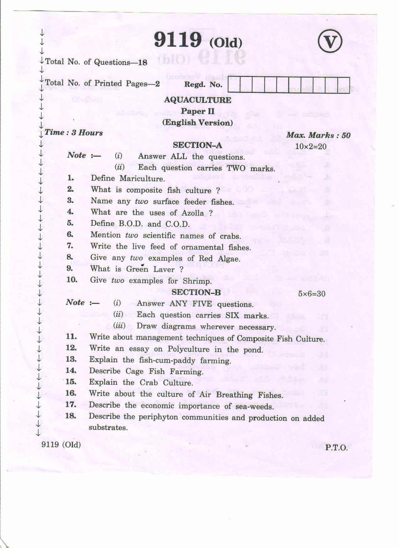 AP Inter 2nd Year Acqua Culture-II (old) March-2020-Vocational Question Paper - Page 1