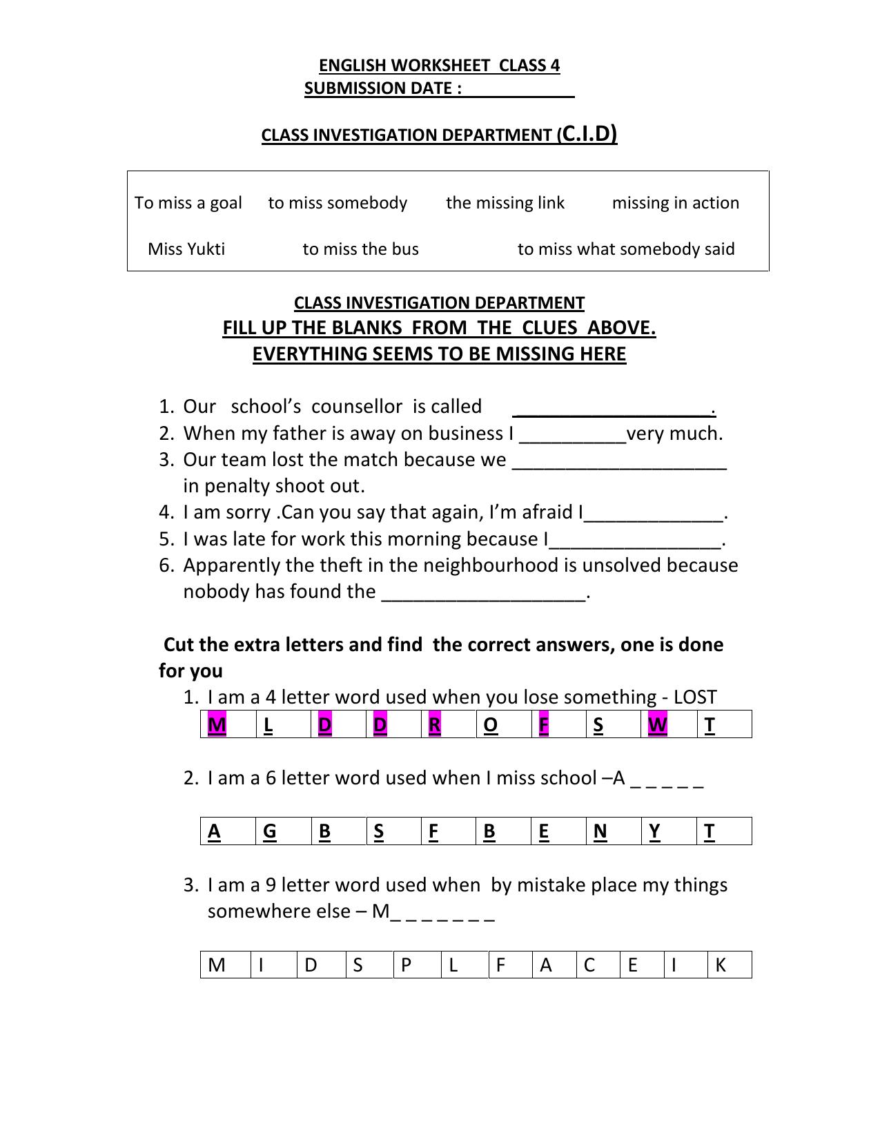 Worksheet for Class 4 English Assignment 82 Class Investigation - Page 1
