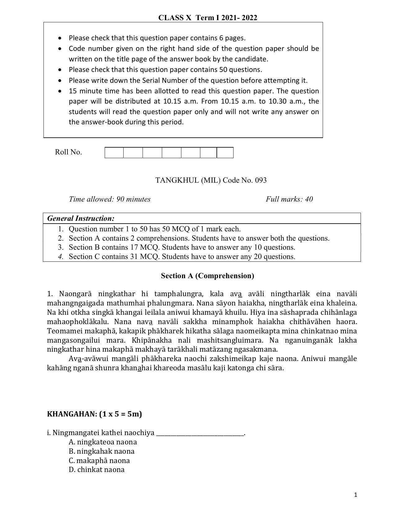CBSE Class 10 Tangkhul Sample Paper 2021-22 - Page 1
