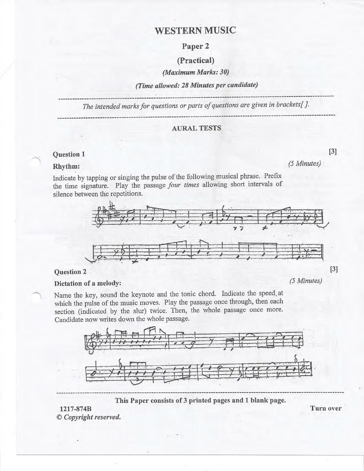ISC Class 12 2017 WESTERN MUSIC - Paper 2 (Practicals) Question Paper - Page 1