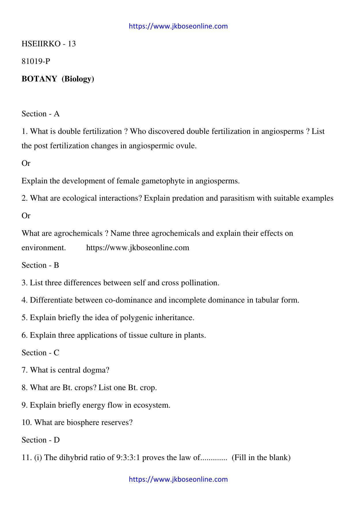 JKBOSE Class 12 BiologyBotany Question Papers 2013 (81019P) IndCareer Docs