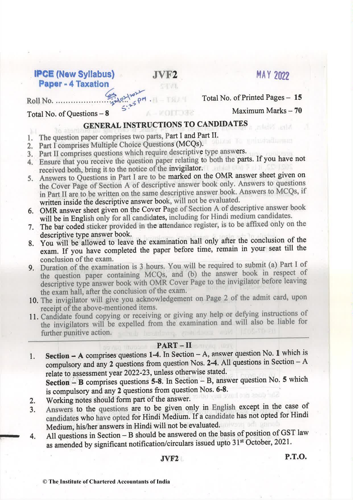 CA Inter May 2022 Question Paper - Paper 4 – Taxation - Page 1
