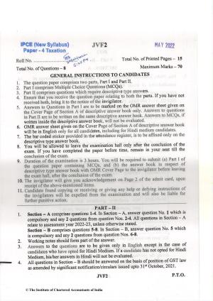 CA Inter May 2022 Question Paper - Paper 4 – Taxation