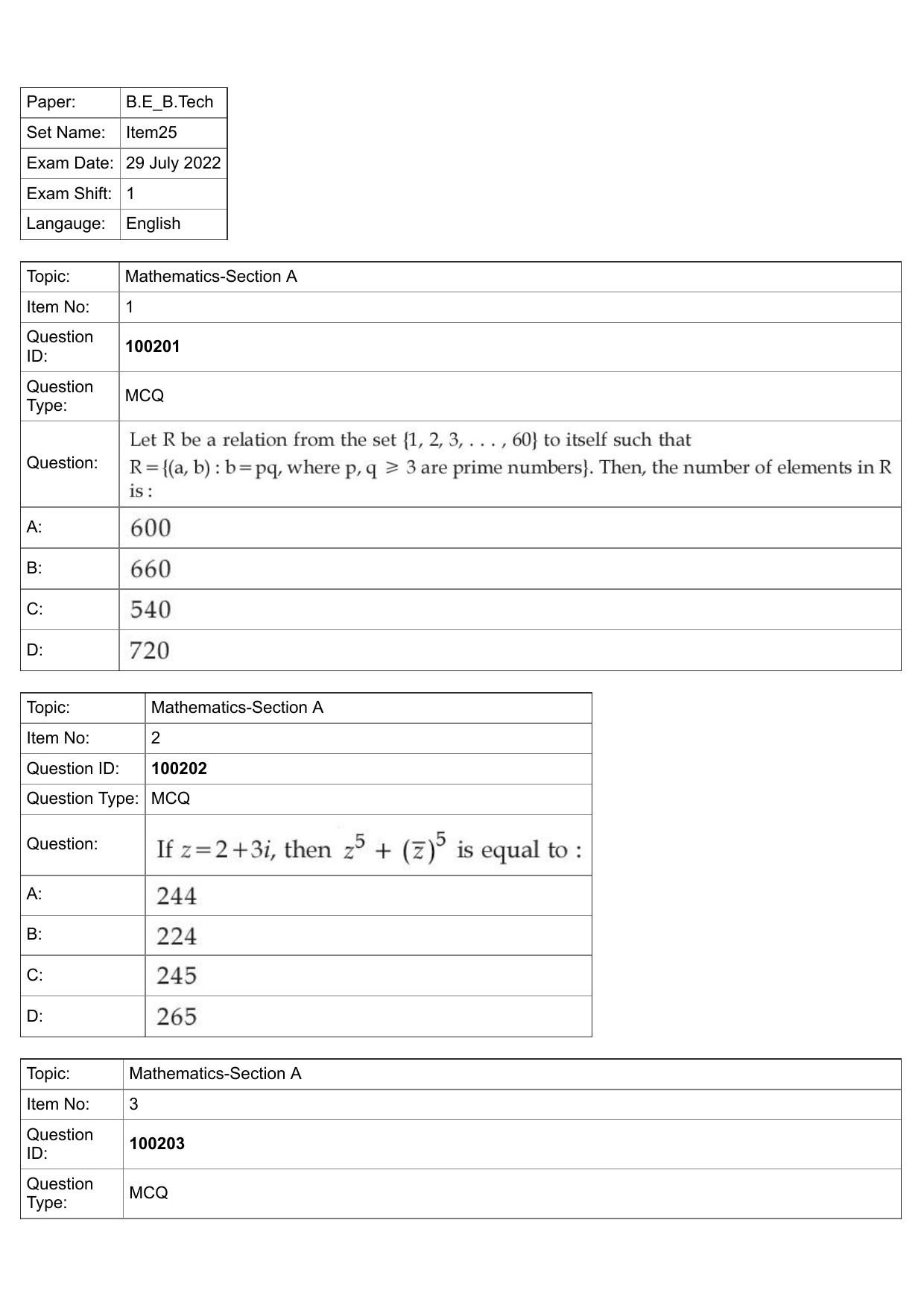 JEE Mains 2022: BTech English (Shift 1) 29-07-2022 Question Paper - Page 1