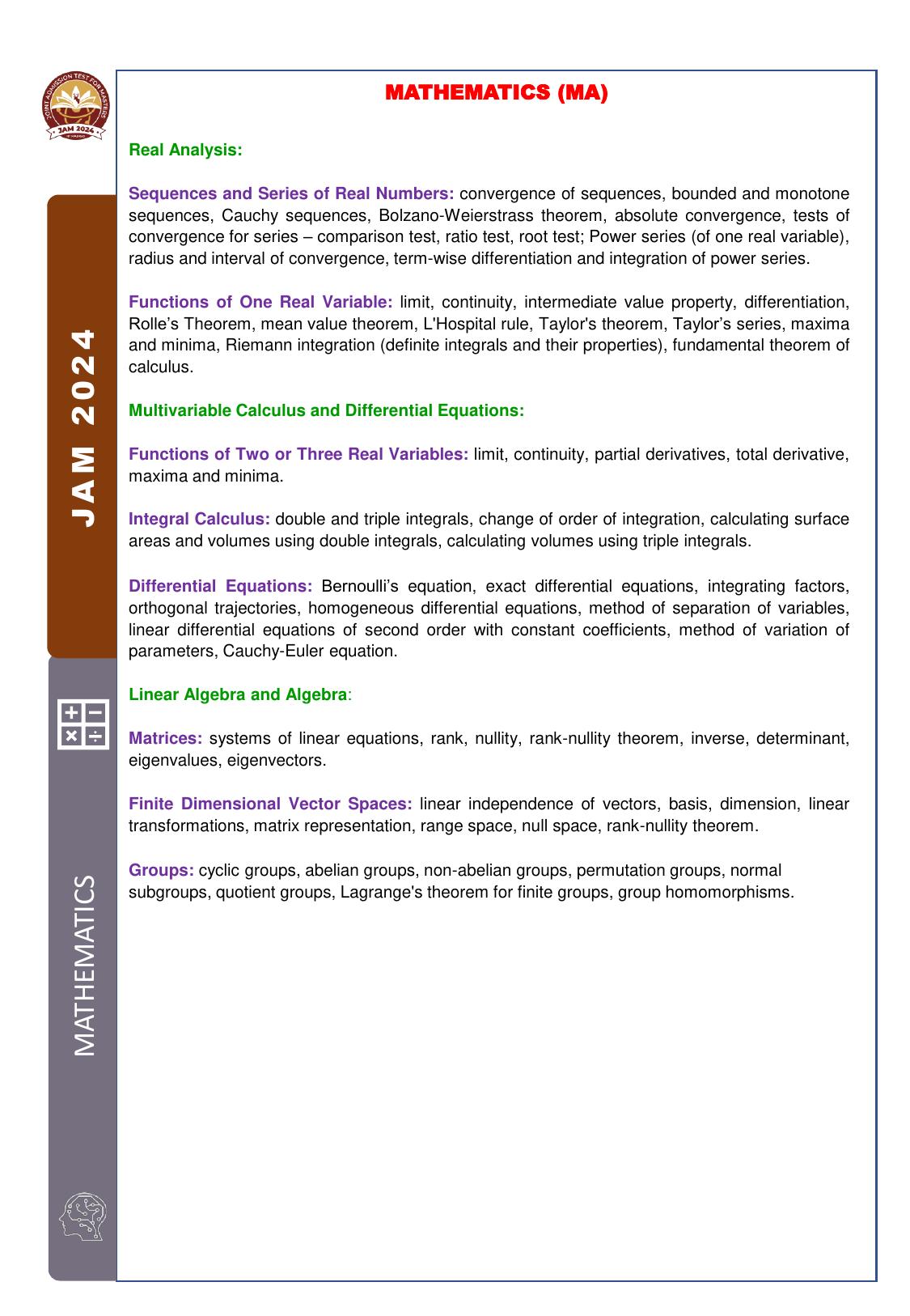 IIT JAM Mathematics (MA) Syllabus - Page 1