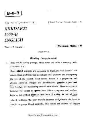 JKBOSE Class 12 English 5000-B Question Papers 2021