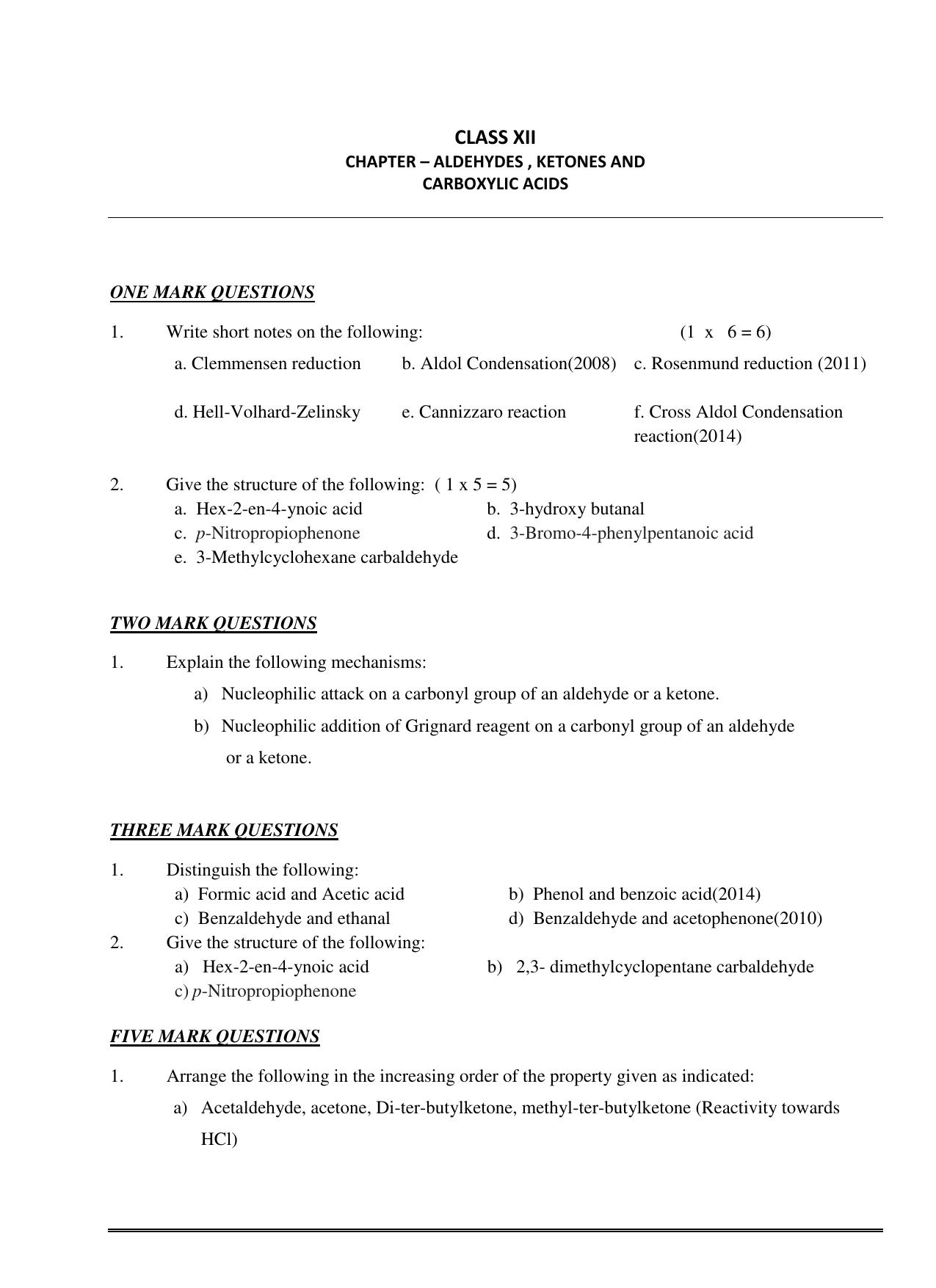 CBSE Class 12 Chemistry Aldehydes, Ketones and Carboxylic Acids Worksheets - Page 1