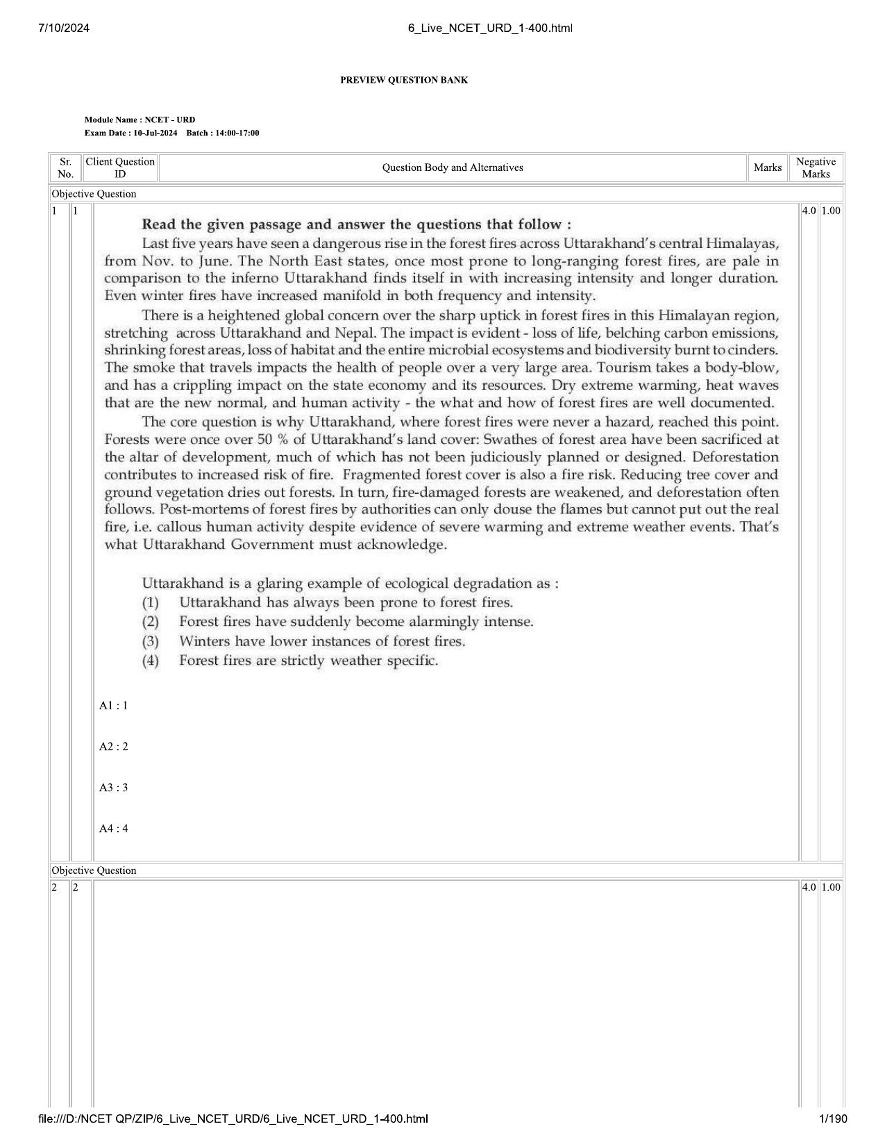 NCET 2024 Question Paper (Q 1-400) - Page 1