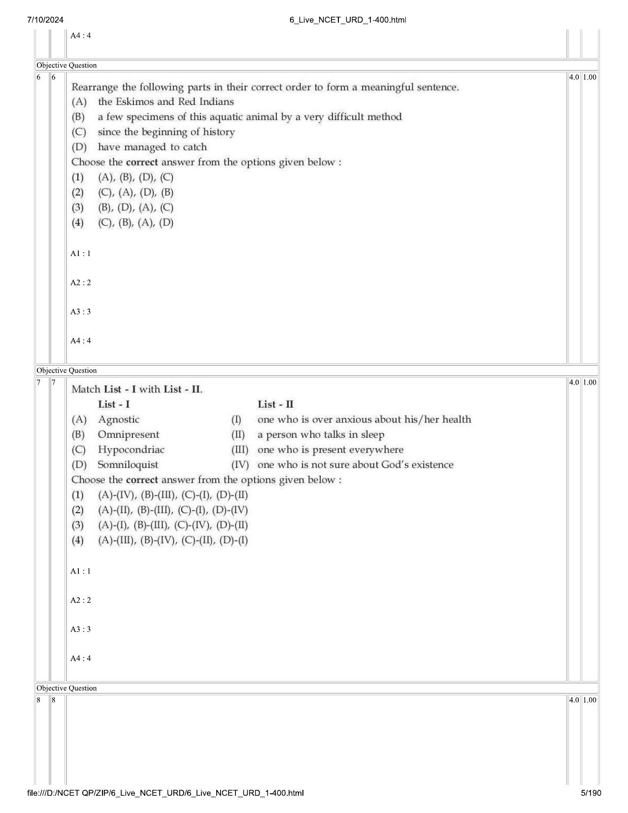 NCET 2024 Question Paper (Q 1-400) - Page 5