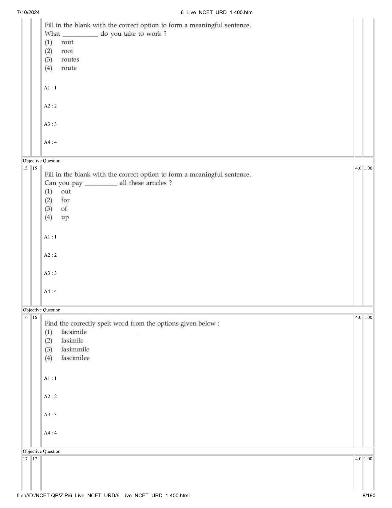 NCET 2024 Question Paper (Q 1-400) - Page 8