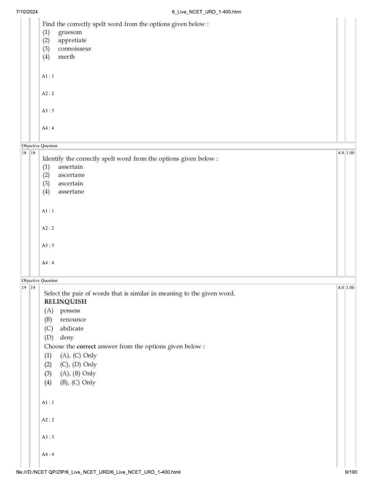 NCET 2024 Question Paper (Q 1-400) - Page 9
