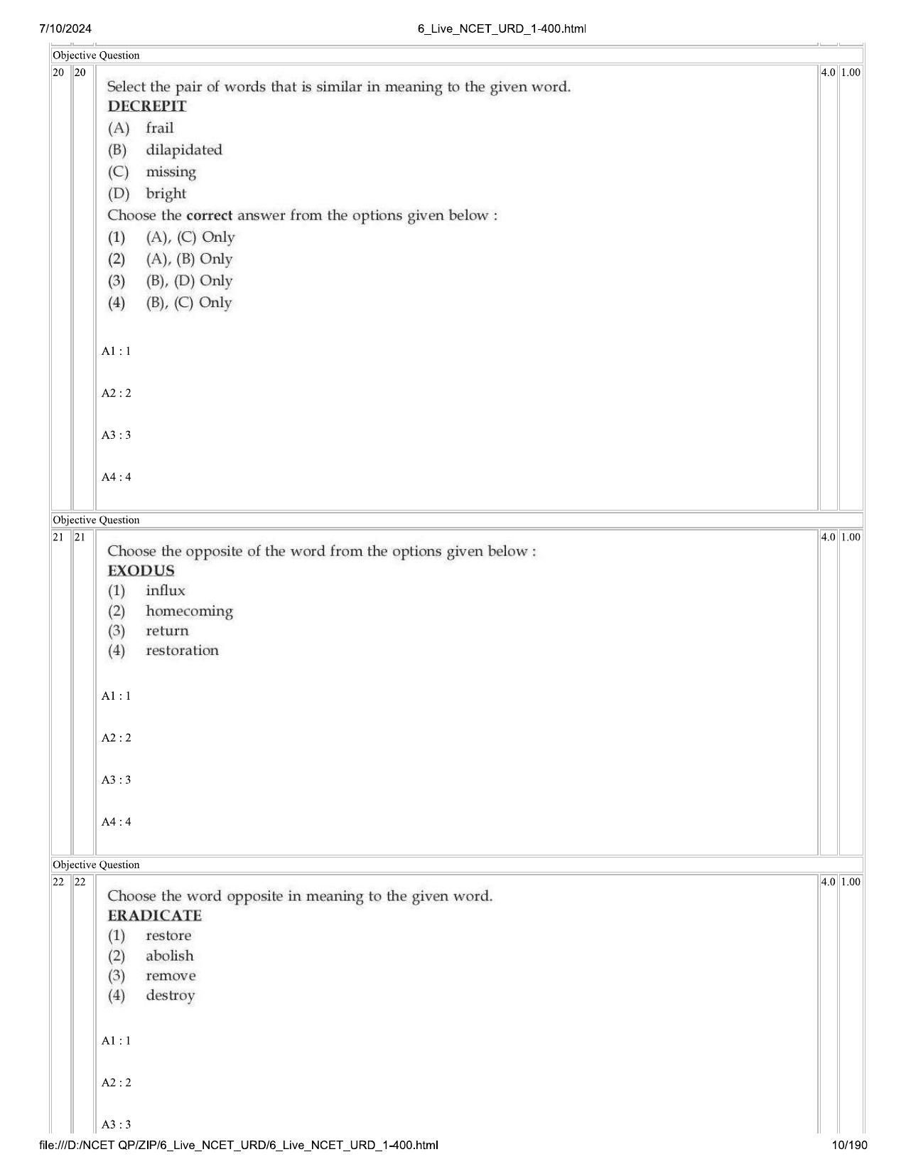 NCET 2024 Question Paper (Q 1-400) - Page 10