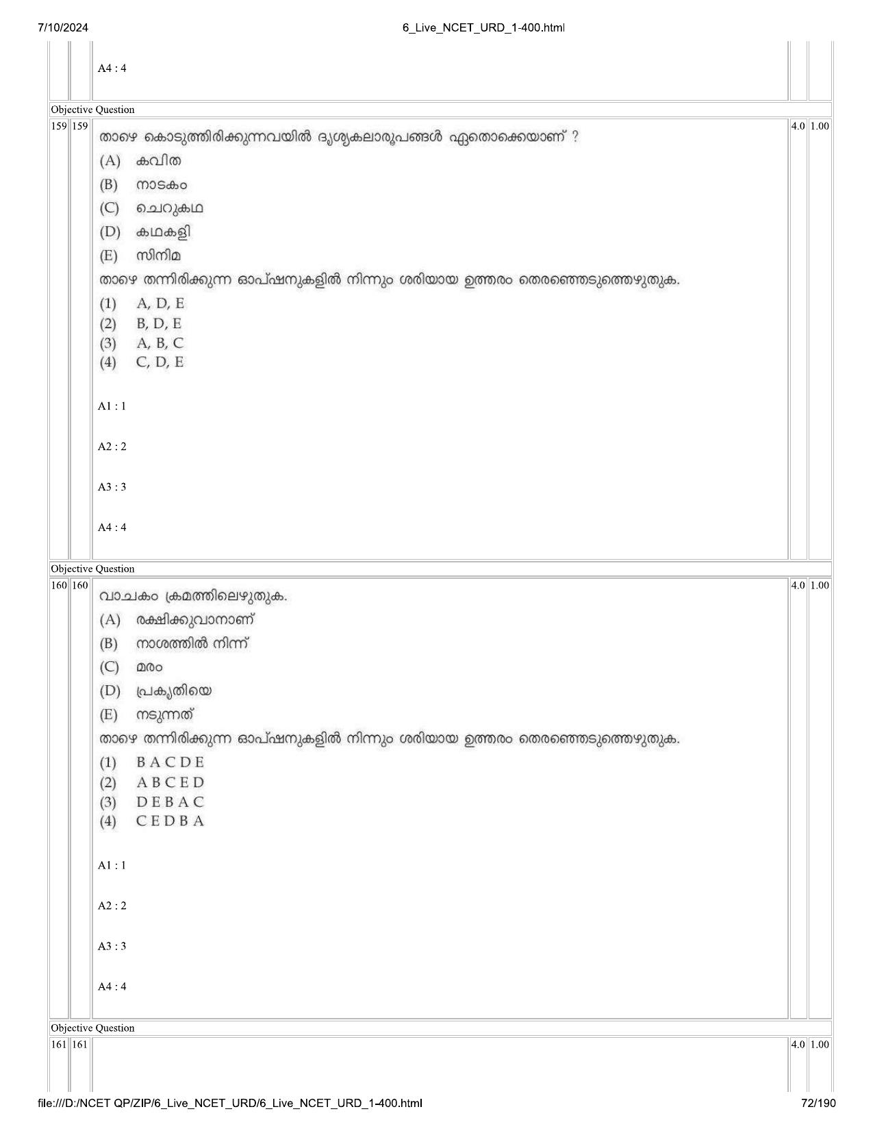 NCET 2024 Question Paper (Q 1-400) - Page 72
