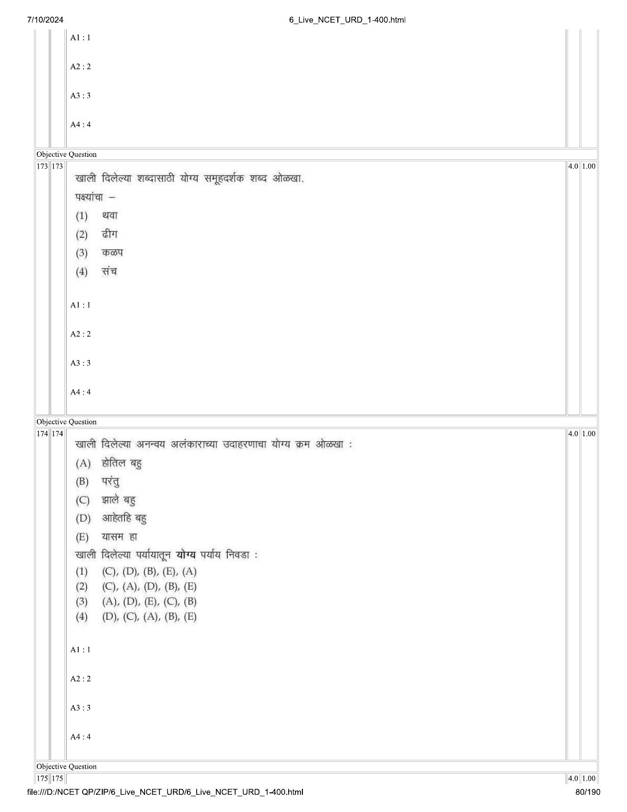 NCET 2024 Question Paper (Q 1-400) - Page 80