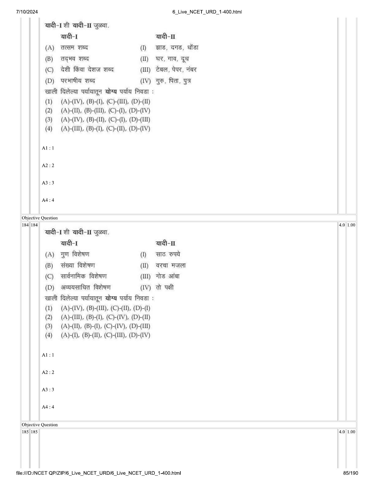 NCET 2024 Question Paper (Q 1-400) - Page 85