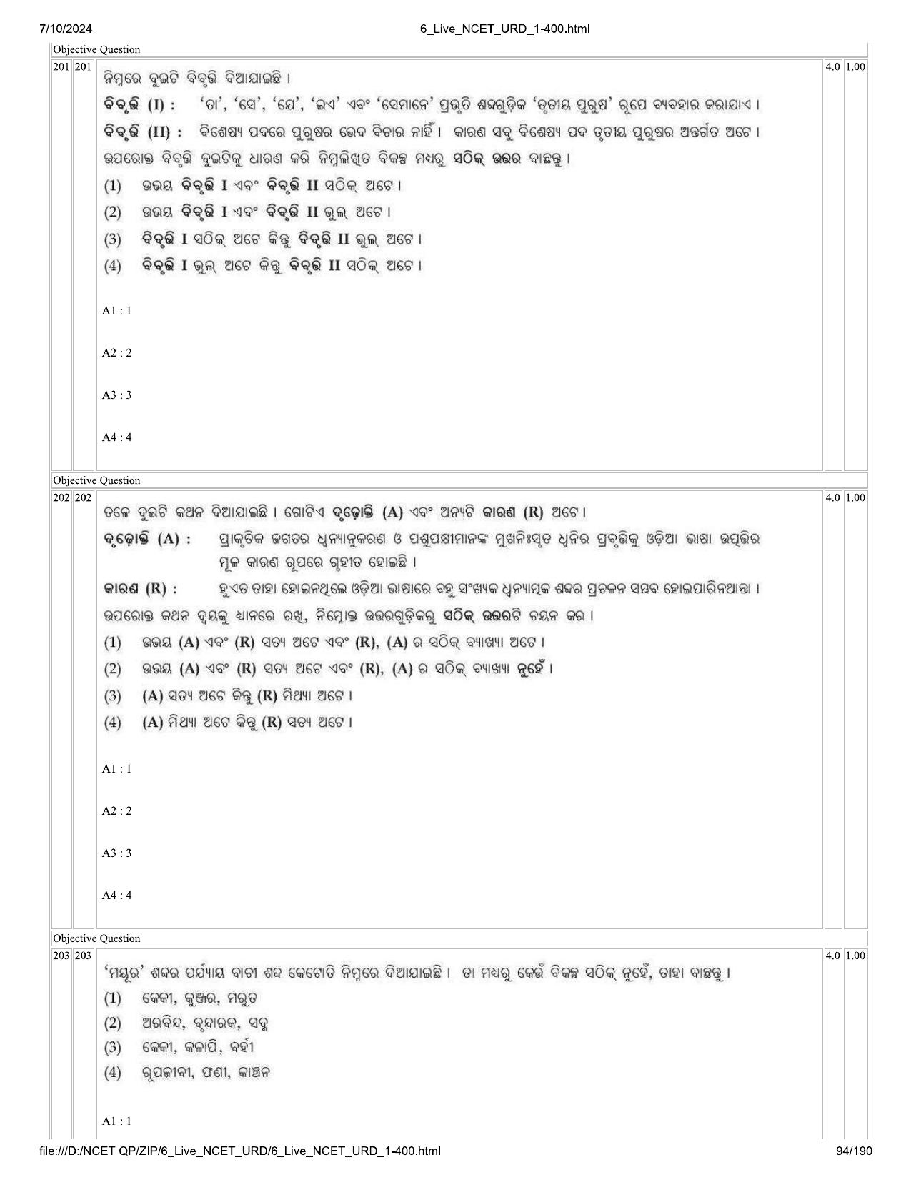NCET 2024 Question Paper (Q 1-400) - Page 94