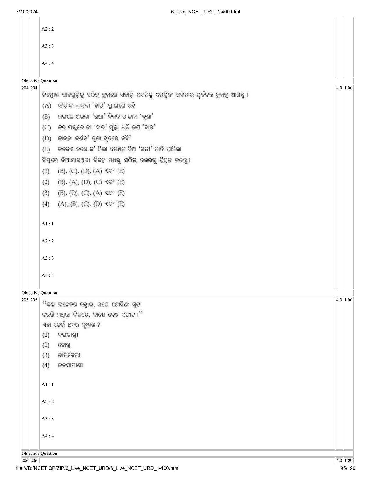 NCET 2024 Question Paper (Q 1-400) - Page 95