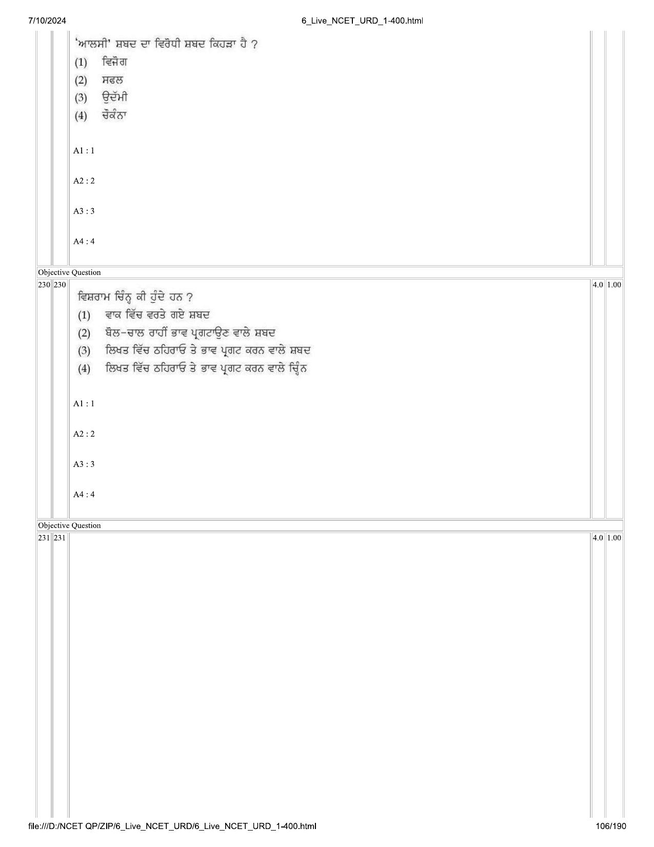 NCET 2024 Question Paper (Q 1-400) - Page 106