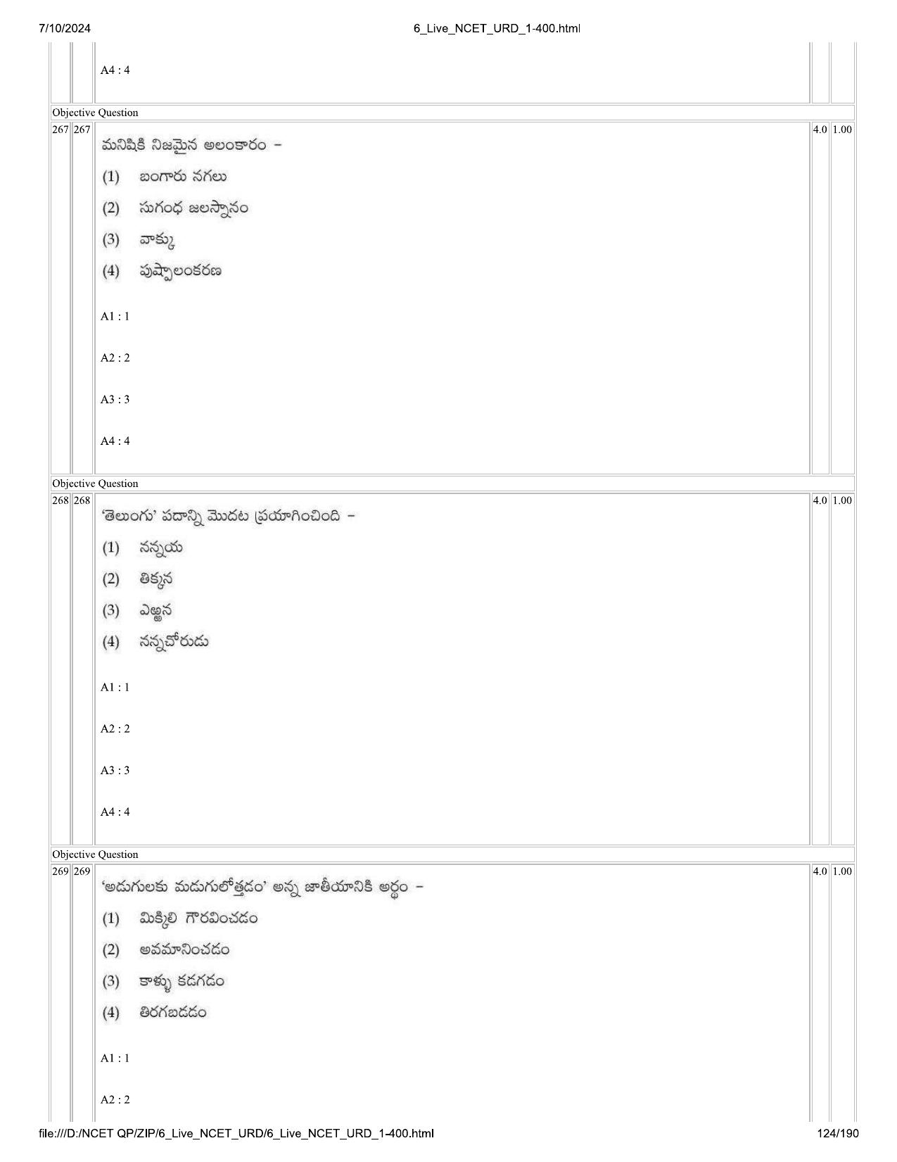 NCET 2024 Question Paper (Q 1-400) - Page 124